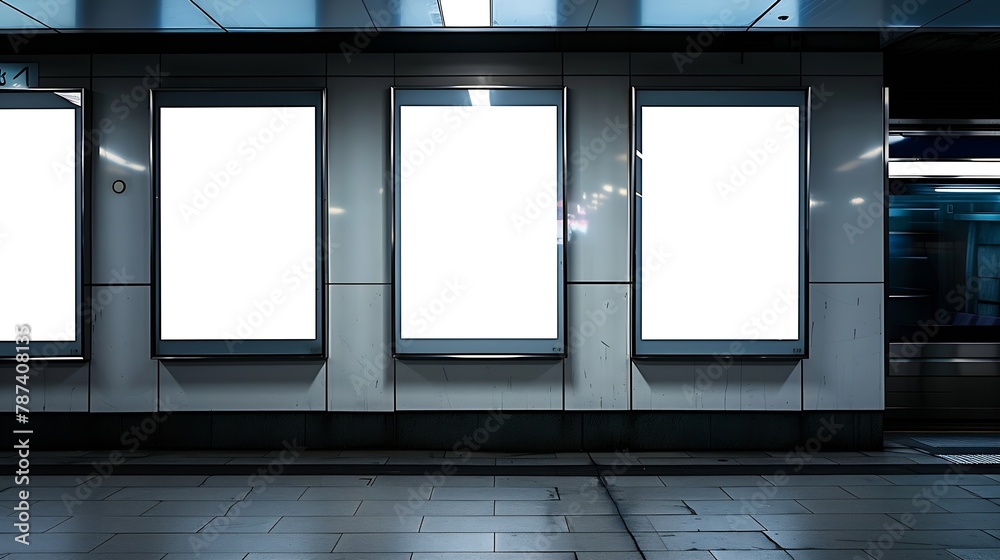 Poster Front view of three empty white billboard screens at the metro station Mock up Blank advertising billboards in the subway : Generative AI