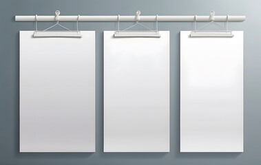 A series of blank A4 posters hang in a row, casting shadows, offering a clean and simple design for showcasing various content or graphics
