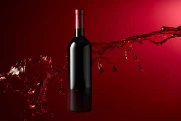 Bottle of red wine and splash on a dark red background. - 787408194