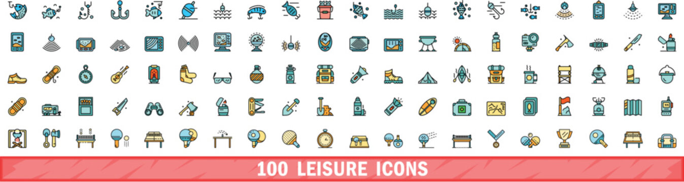 100 leisure icons set. Color line set of leisure vector icons thin line color flat on white