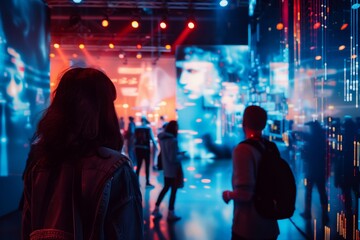 Obraz premium Visitor observing digital art exhibit