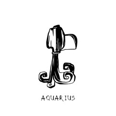 Aquarius zodiac sign, quirky horoscope icon, hand drawn vector illustration, black line art, tattoo design - 787408537
