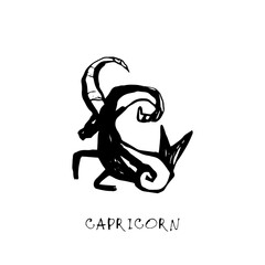 Capricorn zodiac sign, quirky horoscope icon, hand drawn vector illustration, black line art, tattoo design