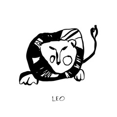 Leo zodiac sign, quirky horoscope icon, hand drawn vector illustration, black line art, tattoo design - 787408568