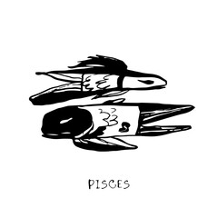 Pisces zodiac sign, quirky horoscope icon, hand drawn vector illustration, black line art, tattoo design