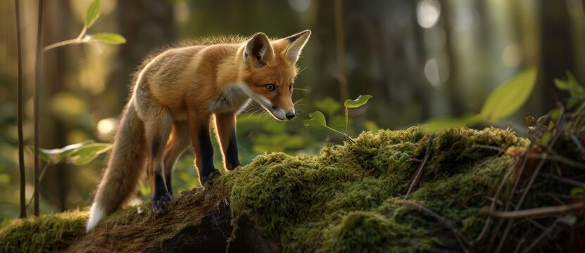 Captivating wildlife image portrays a red fox poised on a moss-covered log in an enchanting forest, symbolizing cunning and adaptability