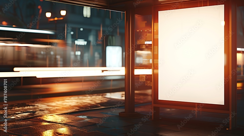 Aufkleber blank vertical advertising poster banner mockup at empty bus stop shelter by main road blur backgrou