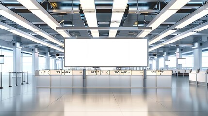 A long horizontal empty advertising billboard mockup above multiple numbered checkin counters in a modern airport terminal departure area with blank white screens templates for arrival : Generative AI