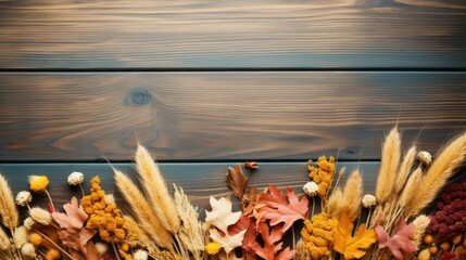 Autumn background with dried leaves and flowers on blue wooden planks