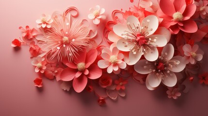 Paper flowers on pink background,