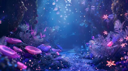 Fototapeta premium A mystical and mysterious podium image with glowing sea anemones and cascading seaweed setting the stage for makeup magic. Dazzling . .