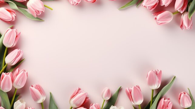 Pink and white tulips on pastel pink background