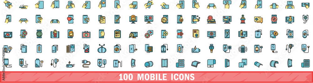Sticker 100 mobile icons set. color line set of mobile vector icons thin line color flat on white - Stickers