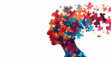 Alzheimer, dementia, epilepsy and autism concept. Neurological disease with memory loss and confused mind. Silhouette of a human head made of colorful jigsaw puzzle pieces. Mental health awareness. - obrazy, fototapety, plakaty