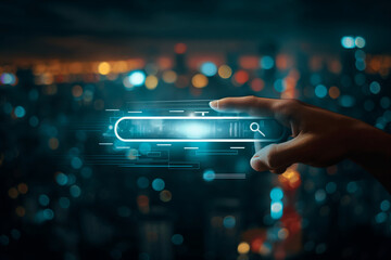 Person activating a web search bar hologram with a fingertip, night city background, copy space, search engine, tech, promotion - obrazy, fototapety, plakaty