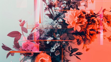 Vibrant Floral Composition with Abstract Geometric Overlay