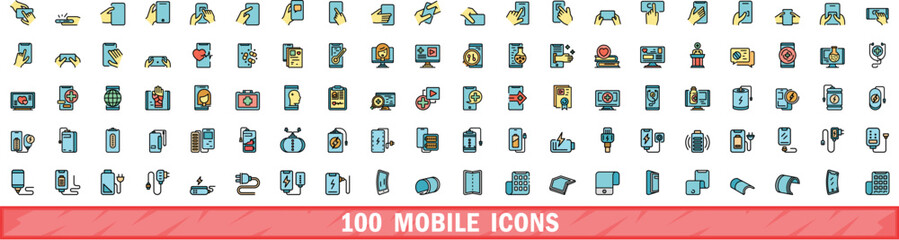 100 mobile icons set. Color line set of mobile vector icons thin line color flat on white