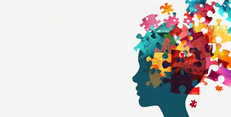 Alzheimer, dementia, epilepsy and autism concept. Neurological disease with memory loss and confused mind. Silhouette of a human head made of colorful jigsaw puzzle pieces. Mental health awareness.