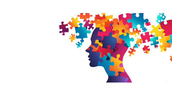 Alzheimer, dementia, epilepsy and autism concept. Neurological disease with memory loss and confused mind. Silhouette of a human head made of colorful jigsaw puzzle pieces. Mental health awareness.