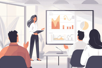 Obraz premium Business presentation scene with a woman showcasing financial growth charts on a projector screen, colleagues attentive in a well-lit conference room, natural light, soft shadows
