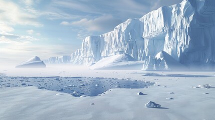 Serene Arctic Landscape with Icebergs and Glaciers under Blue Sky - obrazy, fototapety, plakaty