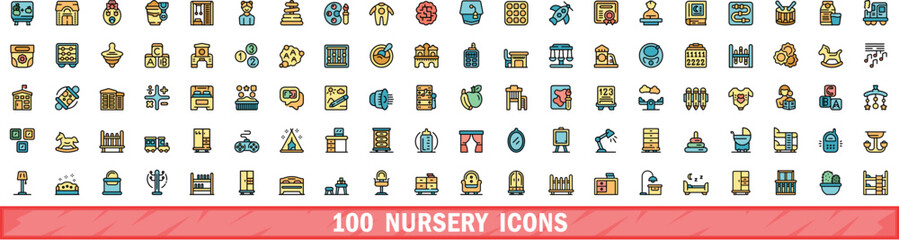 100 nursery icons set. Color line set of nursery vector icons thin line color flat on white