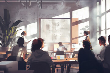 A creative agency meeting illustration showing a presenter discussing design concepts on a screen, colleagues inspired in a room with soft natural lighting, natural light, soft sha