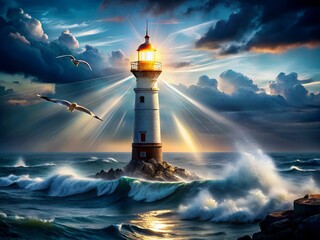 A lighthouse at night, dark sea