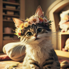 Illustration of a cat with  flower crown. generative AI