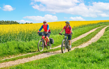 happy senior couple cycling with their electric bicycles in springtime between bloomimg trees and rape  fields