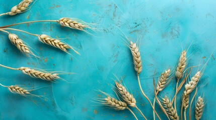 ears of wheat on a old blue background, Copy space for text