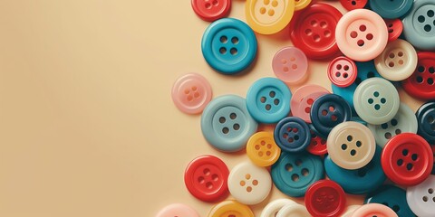 Fototapeta premium A top view of an assortment of colorful sewing buttons scattered on a beige background with copy space