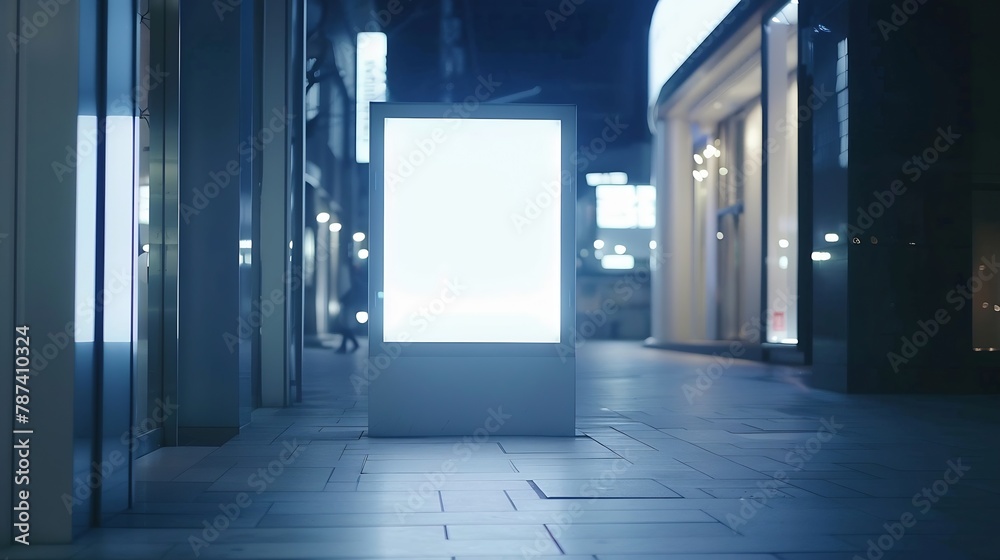 Poster blank mock up of store street showcase window in a city at night : generative ai