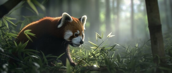 An adorable red panda navigates through lush greenery in a serene, misty forest evoking natural wonder and wildlife photography's charm