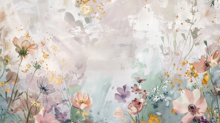 Pastel Floral Watercolor Background with Golden Accents - obrazy, fototapety, plakaty
