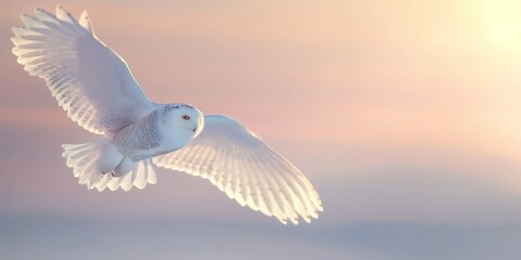 Obraz premium A majestic snowy owl soars with widespread wings in a warm sunset sky, embodying freedom and the beauty of nature