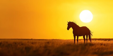 A solitary horse stands silhouetted against the vivid orange of a setting sun in an open field