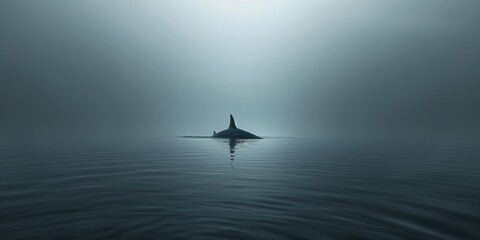 A solitary orca's fin breaks the still water surface in a vast, tranquil ocean with a soft foggy horizon
