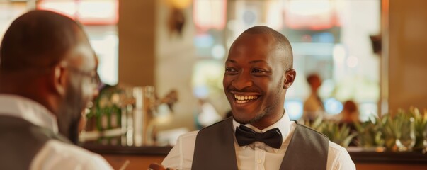 Joyful man in a tuxedo with a bow tie smiling during a friendly conversation. Hospitality and service industry concept. - Powered by Adobe