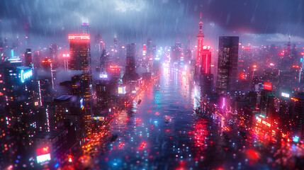 Obraz premium Futuristic cityscape in the rain with vibrant neon lights. Cyberpunk urban aesthetic with dynamic weather. Sci-fi concept for gaming background or visual effects