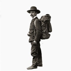 A man in a hat and coat is carrying a backpack