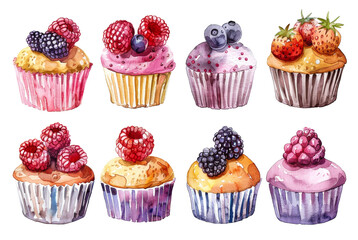 Variety of watercolor berry cupcakes artistic illustration isolated on transparent background