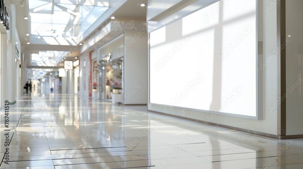 Poster Mock up Horizontal white empty signage on store shop front inside shopping mall : Generative AI