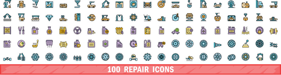 100 repair icons set. Color line set of repair vector icons thin line color flat on white