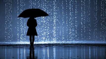 A woman stands with a purple umbrella in the rain, under the electric blue sky