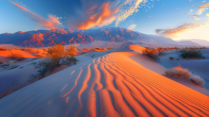 Sunrise over desert dunes. Warm orange hues on sand patterns with distant mountains. Nature's beauty and serenity concept. Design for travel brochure, environmental awareness poster, or wallpaper