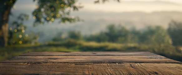 Rustic wooden table overlooking a serene misty forest and mountains in the early morning light - obrazy, fototapety, plakaty