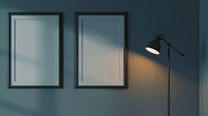 Blank picture frames on grey wall with glowing lamp mock up : Generative AI