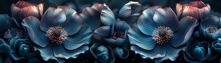 Dramatic purple and blue anemones, captured in full bloom for impactful, striking design elements