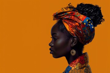 A vibrant digital artwork of an African woman in profile, featuring a colorful, ornate headscarf against a warm orange backdrop with intricate patterns. This image portrays elegance and cultural beaut - obrazy, fototapety, plakaty